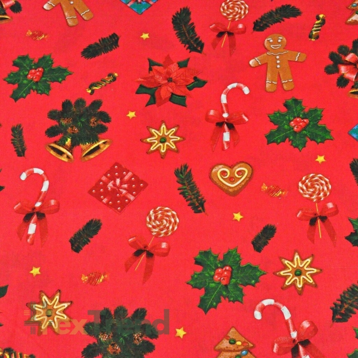 Baumwolle 100% Weihnachtsmuster mit Keksen auf rotem Hintergrund  