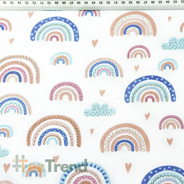 Baumwolle 100% Regenbögen blau-beige auf weißem Hintergrund  