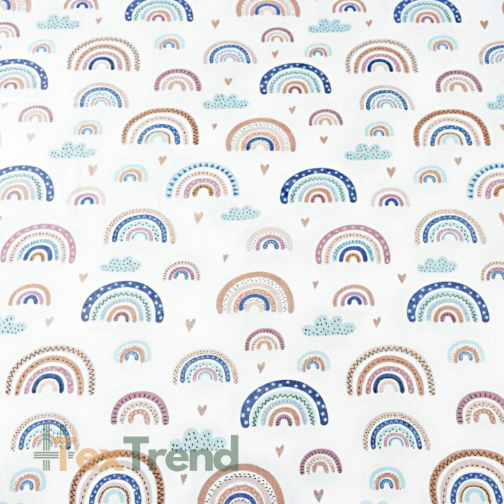 Baumwolle 100% Regenbögen blau-beige auf weißem Hintergrund  