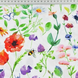 Baumwolle 100% Wiese mit Insekten auf weißem Hintergrund  