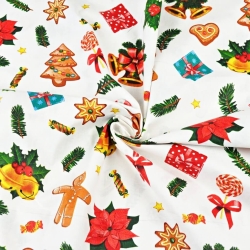 Baumwolle 100% Weihnachtsmuster mit Keksen auf weißem Hintergrund  