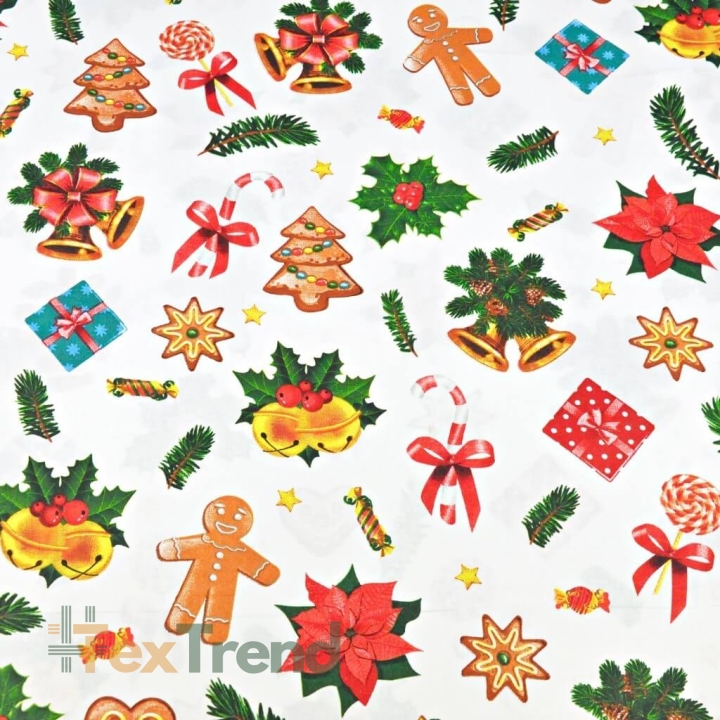 Baumwolle 100% Weihnachtsmuster mit Keksen auf weißem Hintergrund  