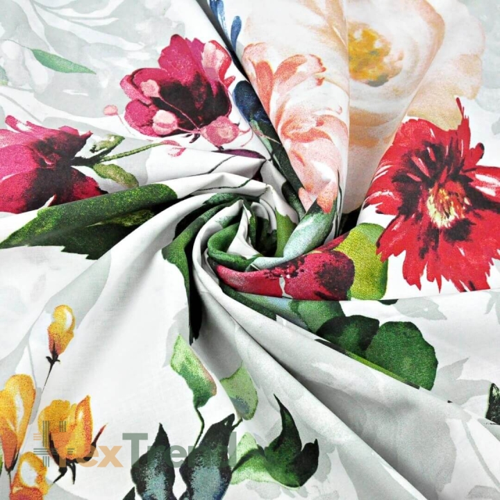 Baumwolle 100% große Blumen marineblau, rot und ecru auf weißem Hintergrund  