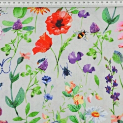 Baumwolle 100% Wiese mit Insekten auf hellgrauem Hintergrund  