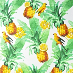Baumwolle 100% Blätter mit Papageien und Ananas auf weiß - 220cm  