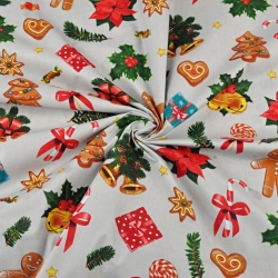 Baumwolle 100% Weihnachtsmuster mit Keksen auf grauem Hintergrund  