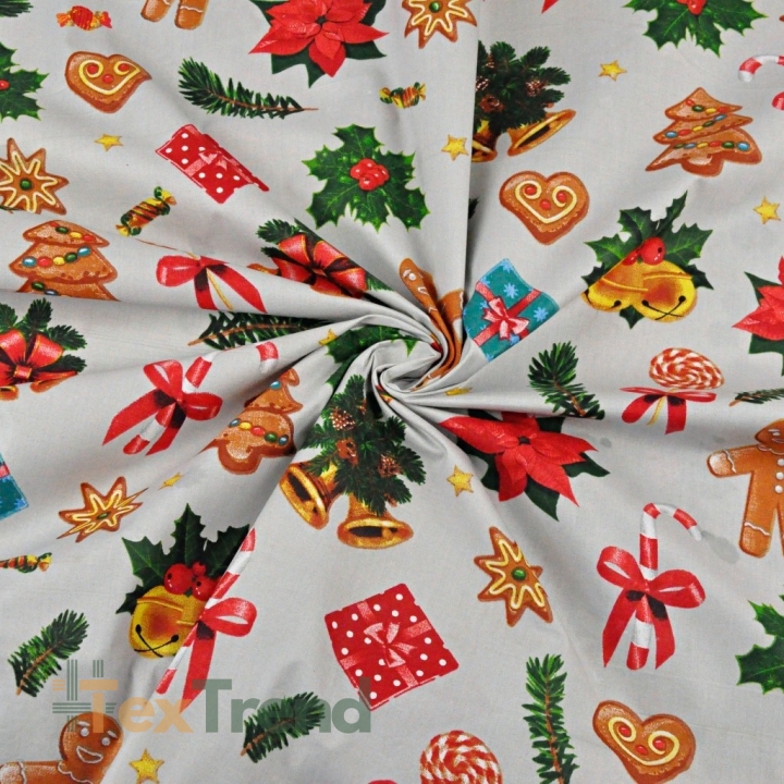 Baumwolle 100% Weihnachtsmuster mit Keksen auf grauem Hintergrund  