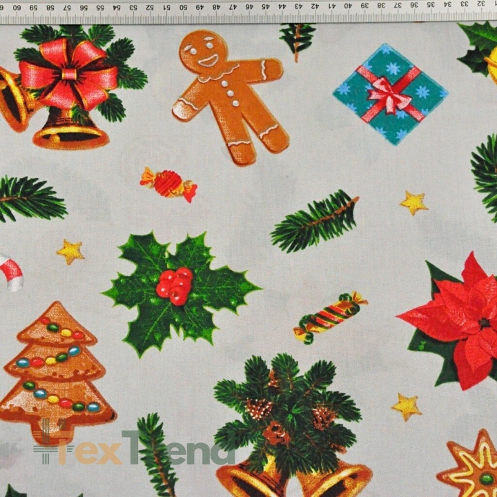 Baumwolle 100% Weihnachtsmuster mit Keksen auf grauem Hintergrund  