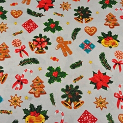 Baumwolle 100% Weihnachtsmuster mit Keksen auf grauem Hintergrund  