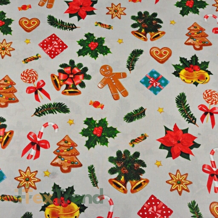 Baumwolle 100% Weihnachtsmuster mit Keksen auf grauem Hintergrund  