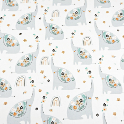 Baumwolle 100% Elefanten grau mit Blümchen auf weißem Hintergrund