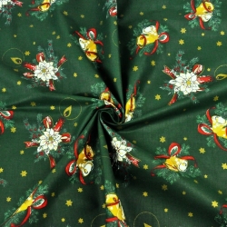 Baumwolle 100% Weihnachtsmuster Glocken und goldene Sträuße auf dunkelgrünem Hintergrund  