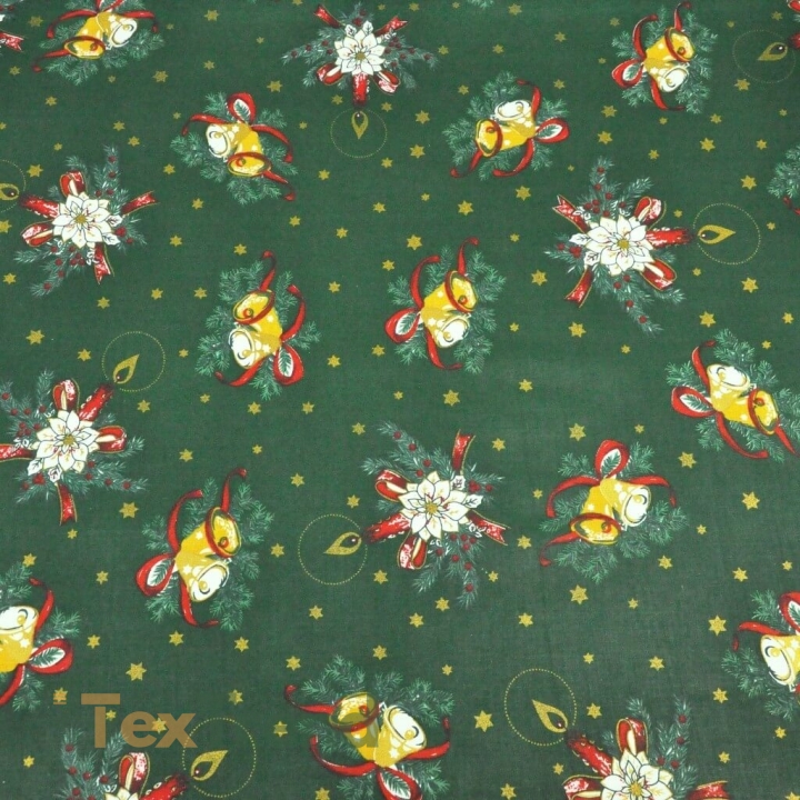 Baumwolle 100% Weihnachtsmuster Glocken und goldene Sträuße auf dunkelgrünem Hintergrund  