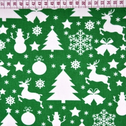 Baumwolle 100% Weihnachtsmuster mit weißen Tannenbäumen und Schneemännern auf grünem Hintergrund  