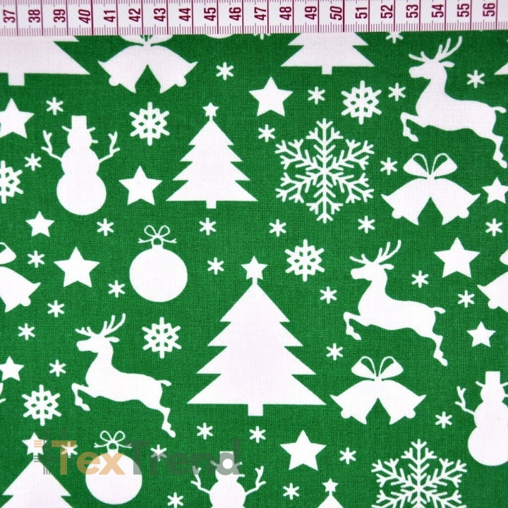 Baumwolle 100% Weihnachtsmuster mit weißen Tannenbäumen und Schneemännern auf grünem Hintergrund  