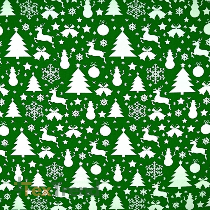 Baumwolle 100% Weihnachtsmuster mit weißen Tannenbäumen und Schneemännern auf grünem Hintergrund  