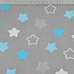 Baumwolle 100% Lebkuchensterne in weiß-türkis auf grauem Hintergrund  