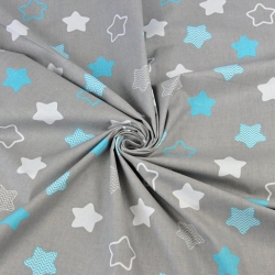 Baumwolle 100% Lebkuchensterne in weiß-türkis auf grauem Hintergrund  
