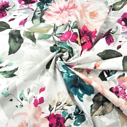 Baumwolle 100% große Blumen türkis, amaranth und ecru auf weißem Hintergrund  