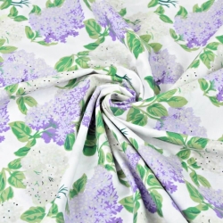 Baumwolle 100% Fliederblüten weiß-lila auf weißem Hintergrund  