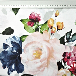 Baumwolle 100% große Blumen in dunkelblau, rot und ecru auf weißem Hintergrund - 220cm  