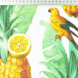 Baumwolle 100% Blätter mit Papageien und Ananas auf weißem Hintergrund  