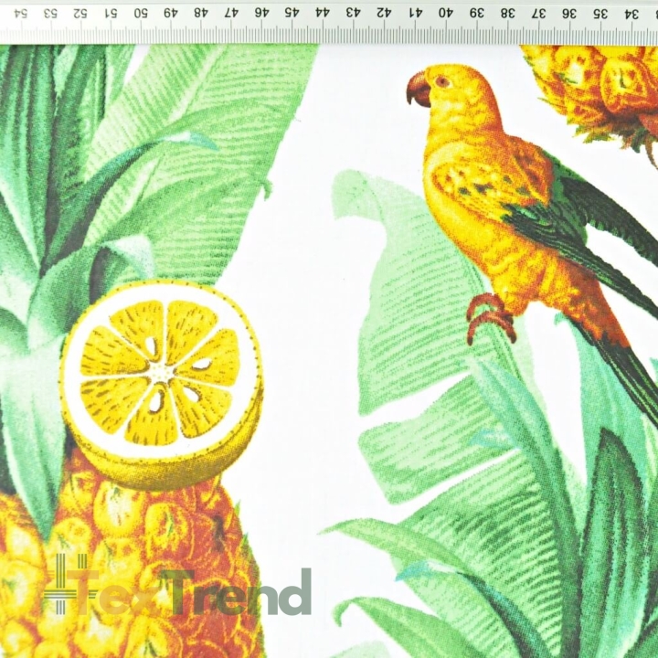Baumwolle 100% Blätter mit Papageien und Ananas auf weißem Hintergrund  