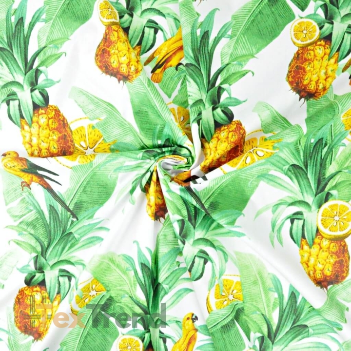 Baumwolle 100% Blätter mit Papageien und Ananas auf weißem Hintergrund  