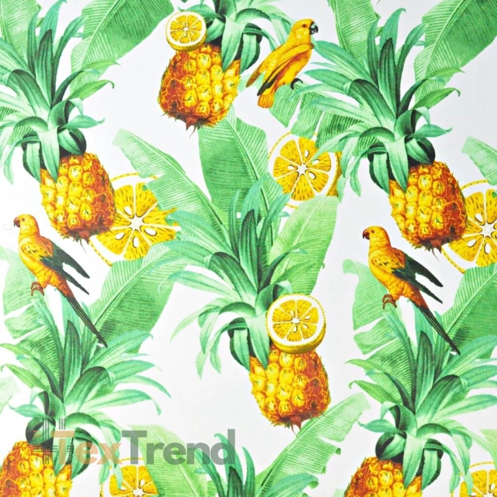 Baumwolle 100% Blätter mit Papageien und Ananas auf weißem Hintergrund  