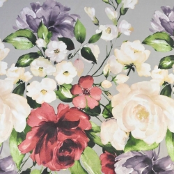 Baumwolle 100% große Blumen lila-rot-ecru auf grauem Hintergrund  