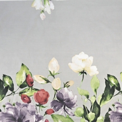 Baumwolle 100% große Blumen lila-rot-ecru auf grauem Hintergrund  