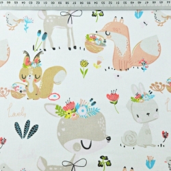 Baumwolle 100% Rehe mit Eichhörnchen und Füchsen auf weißem Hintergrund  