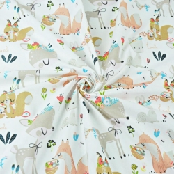 Baumwolle 100% Rehe mit Eichhörnchen und Füchsen auf weißem Hintergrund  