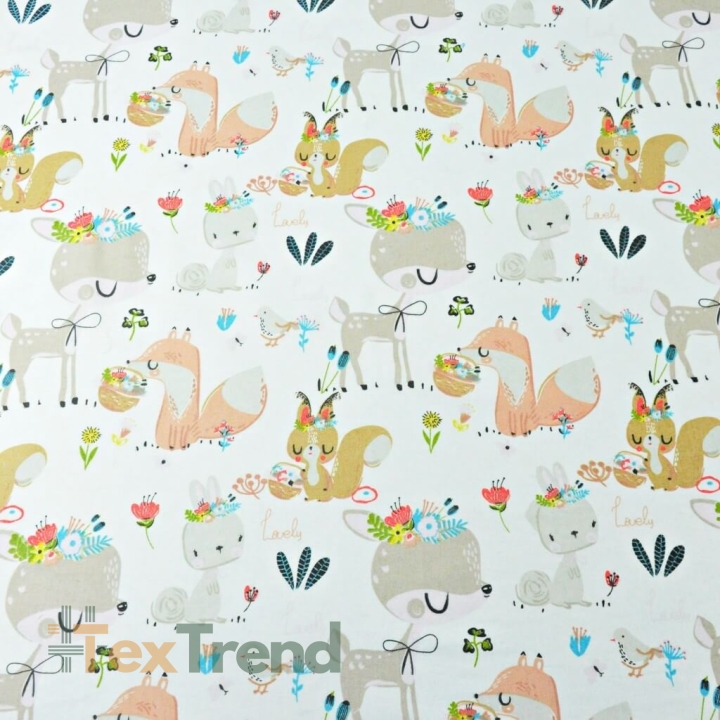 Baumwolle 100% Rehe mit Eichhörnchen und Füchsen auf weißem Hintergrund  