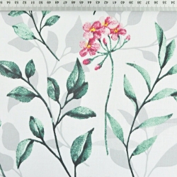 Baumwolle 100% rosa Blumen mit grün-grauen Blättern auf weißem Hintergrund  