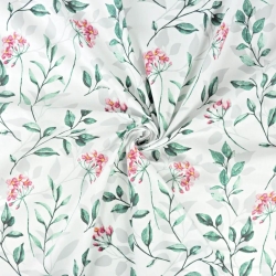 Baumwolle 100% rosa Blumen mit grün-grauen Blättern auf weißem Hintergrund  