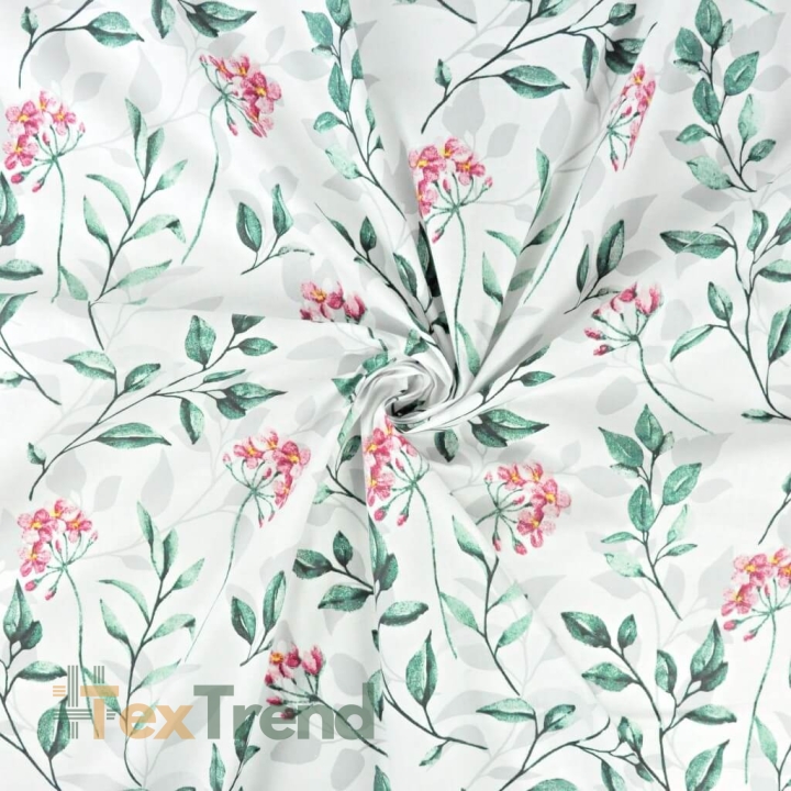 Baumwolle 100% rosa Blumen mit grün-grauen Blättern auf weißem Hintergrund  