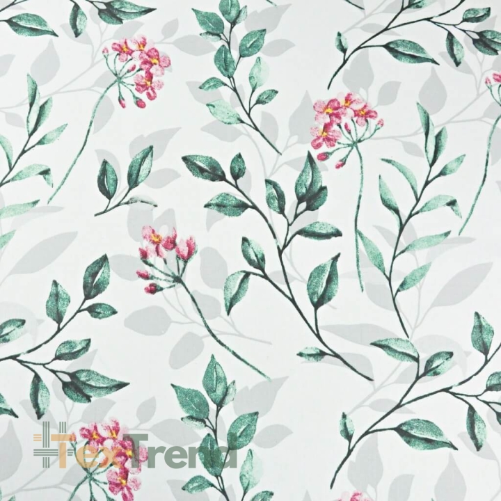 Baumwolle 100% rosa Blumen mit grün-grauen Blättern auf weißem Hintergrund  