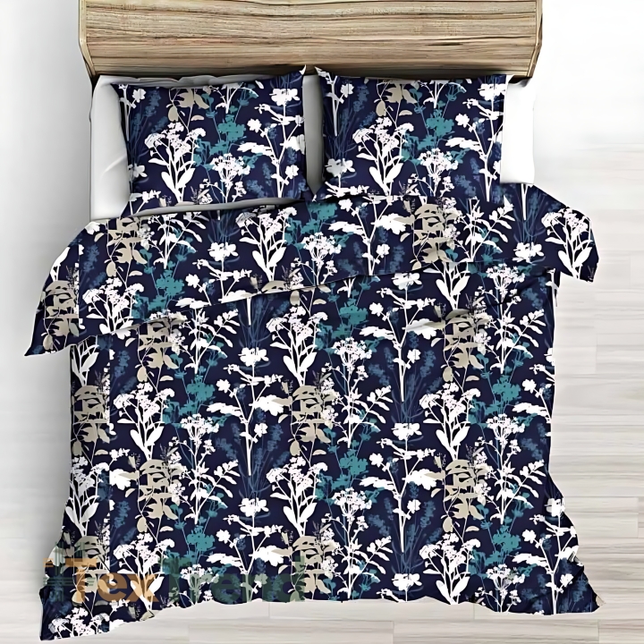 Baumwolle 100% Sträucher weiß-beige auf marineblauem Hintergrund - 220cm  