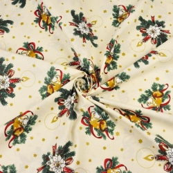 Baumwolle 100% Weihnachtsmuster Glocken und goldene Sträuße auf vanillefarbenem Hintergrund  