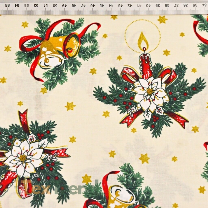 Baumwolle 100% Weihnachtsmuster Glocken und goldene Sträuße auf vanillefarbenem Hintergrund  