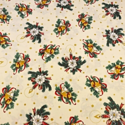 Baumwolle 100% Weihnachtsmuster Glocken und goldene Sträuße auf vanillefarbenem Hintergrund  