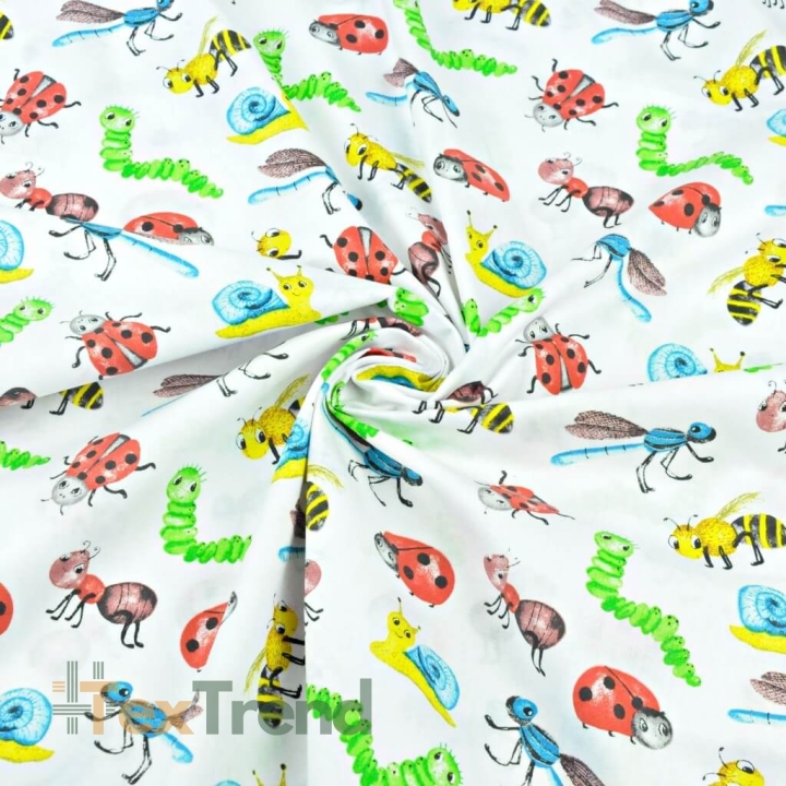 Baumwolle 100% Bunte Insekten und Schnecken auf weißem Hintergrund  