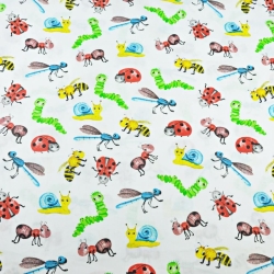 Baumwolle 100% Bunte Insekten und Schnecken auf weißem Hintergrund  