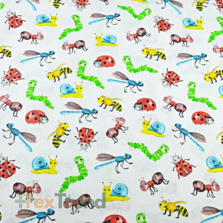 Baumwolle 100% Bunte Insekten und Schnecken auf weißem Hintergrund  