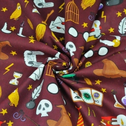 Baumwolle 100% magische Gadgets auf bordeauxfarbenem Hintergrund  