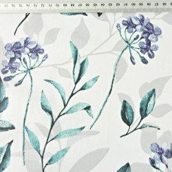 Baumwolle 100% lila Blumen mit smaragd-grünen Blättern auf weißem Hintergrund  