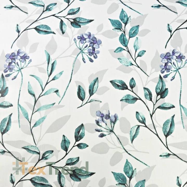 Baumwolle 100% lila Blumen mit smaragd-grünen Blättern auf weißem Hintergrund  