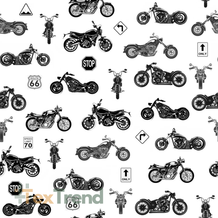 Baumwolle 100% kleine Motorräder schwarz auf weißem Hintergrund  