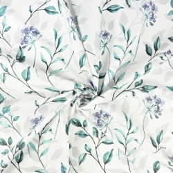 Baumwolle 100% lila Blumen mit smaragd-grünen Blättern auf weißem Hintergrund  